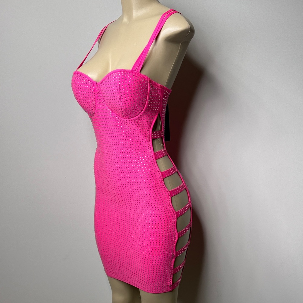 AKIRA Hot Pink Studded Cutout Bodycon Mini Dress